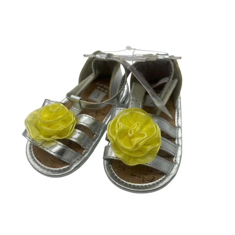 Carters Silver Baby Girl Sandals With Yellow Flower‎ Accent Size 3 Metallic NEW